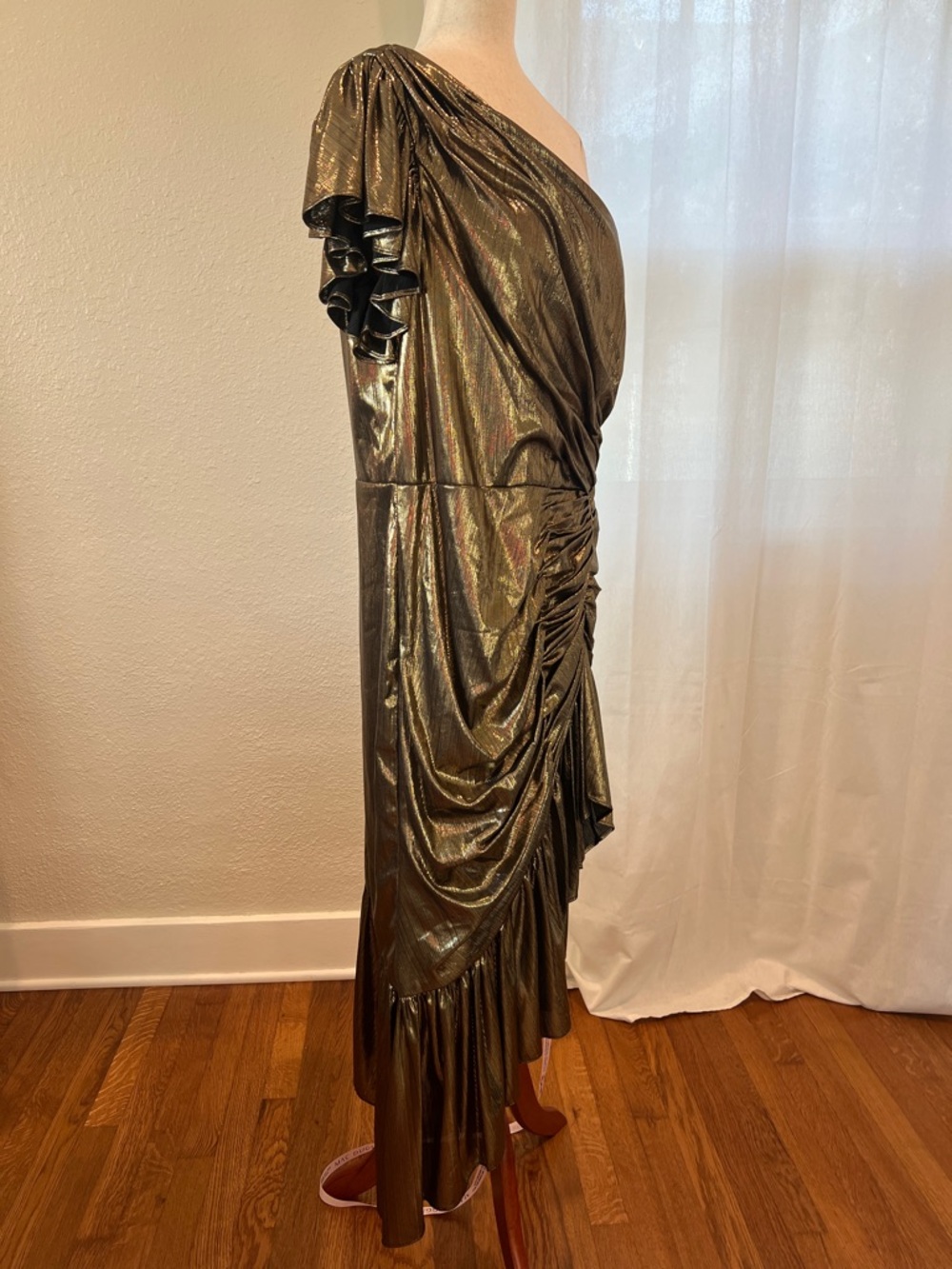 Mac Duggal 27075 Metallic Gold One-Shoulder Asymmetrical Dress. Sz L. NWT - Picture 9 of 16